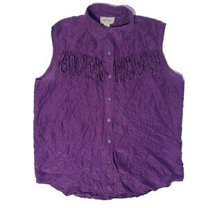 Vintage Croquet Club 100% Silk Purple Sleeveless Top - L Westernm Fringe